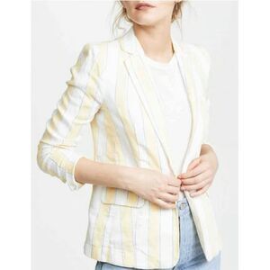 FRAME Yellow Striped Linen One-Button Blazer size 8 yellow white blue
